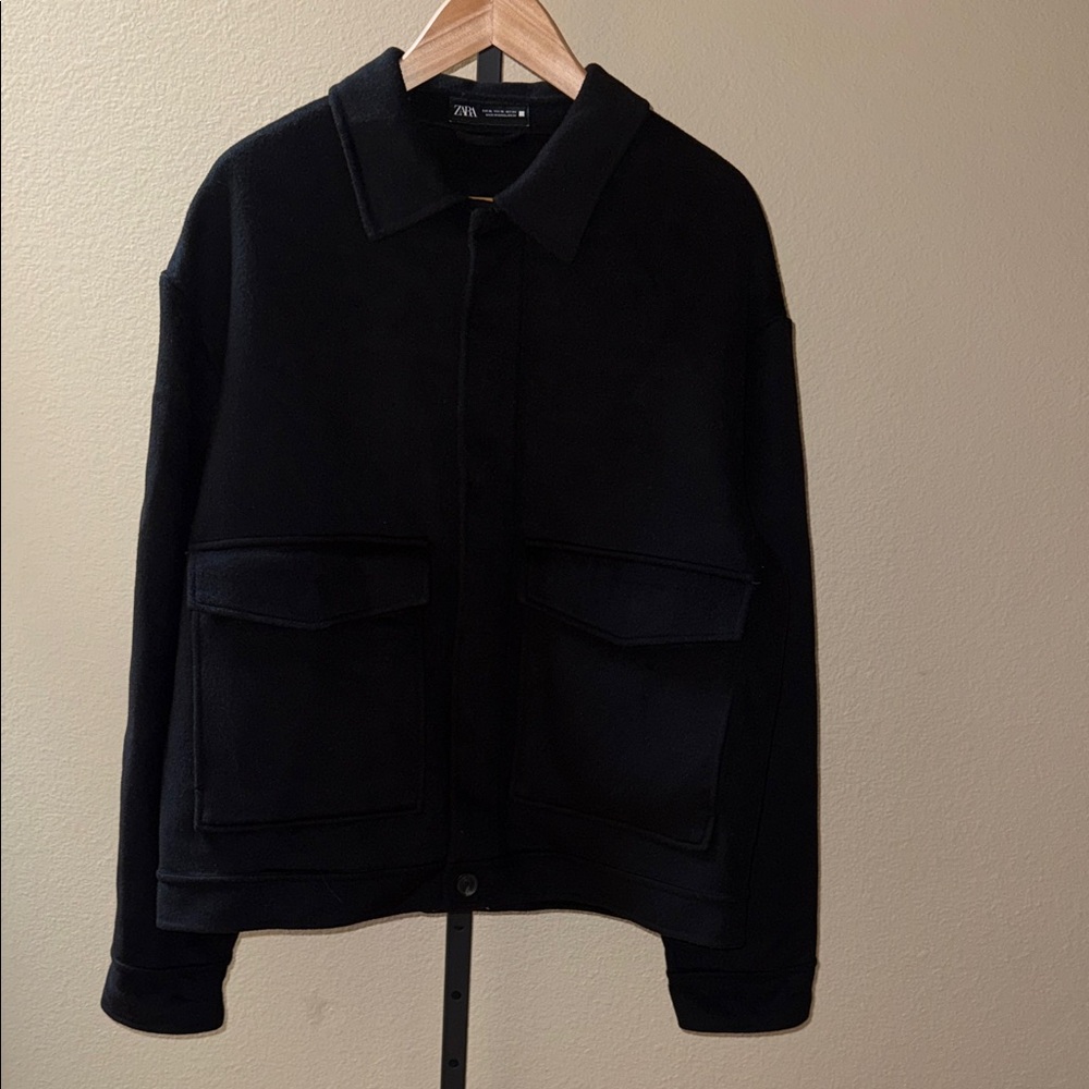 Zara Black Boxy Fit Flip Pocket Hidden Buttons Wool Blend Jacket Men’s Size XL
